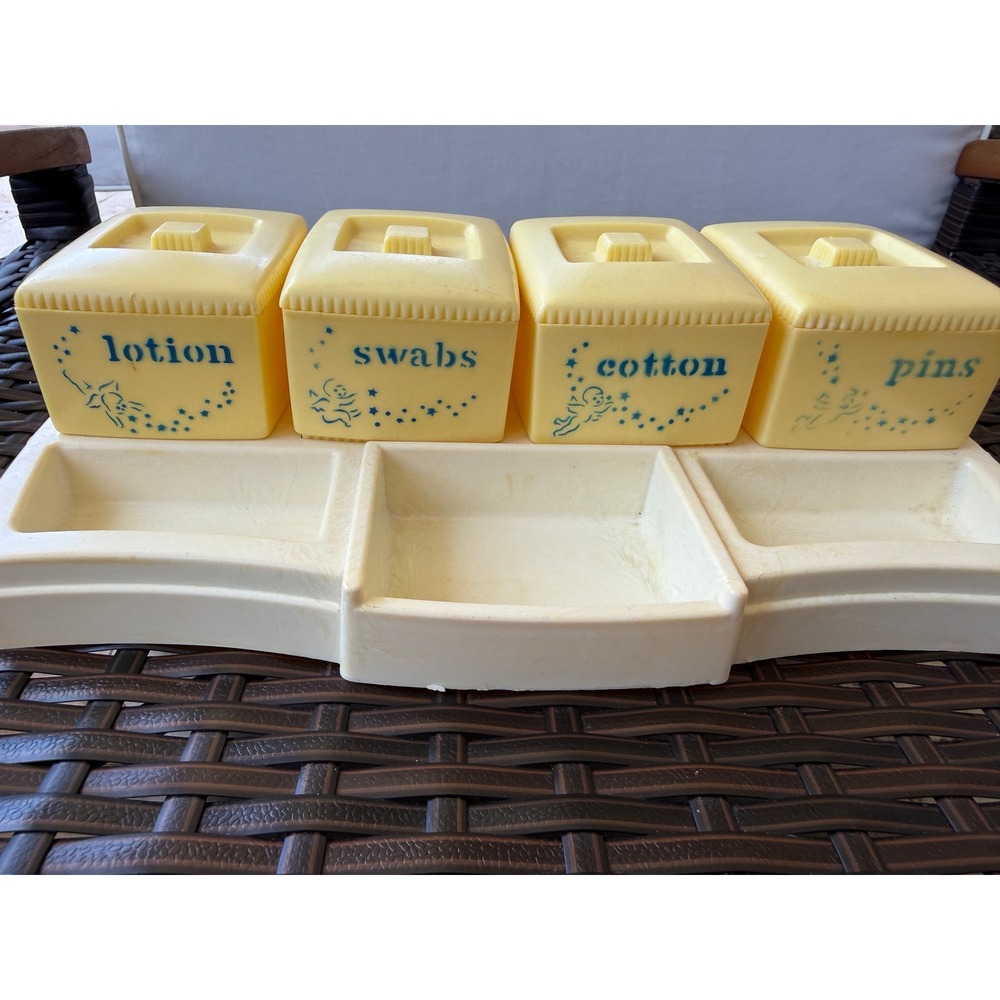 Vintage Alan Jay Childhood Interests Nursery Organizer Yellow Plastic Cherub Set